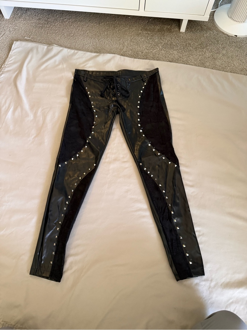 Black Faux Leather and Lace Studded Lace-Up Pants